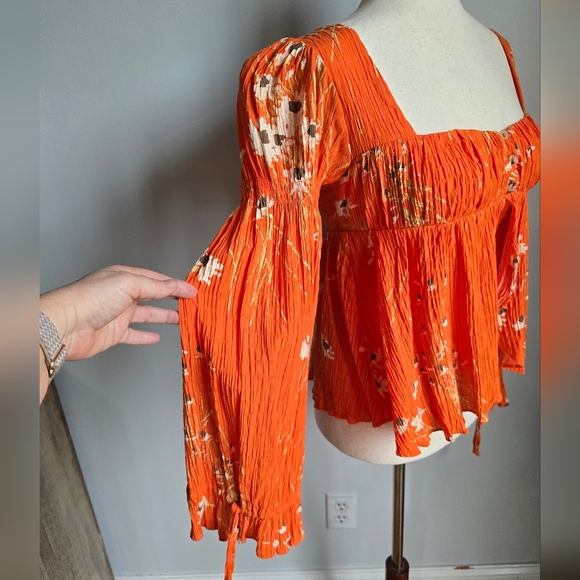 Urban Outfitters New Allie Orange Floral Tie Sleeve Blouse Shirt Womens SZ XS - Picture 7 of 13